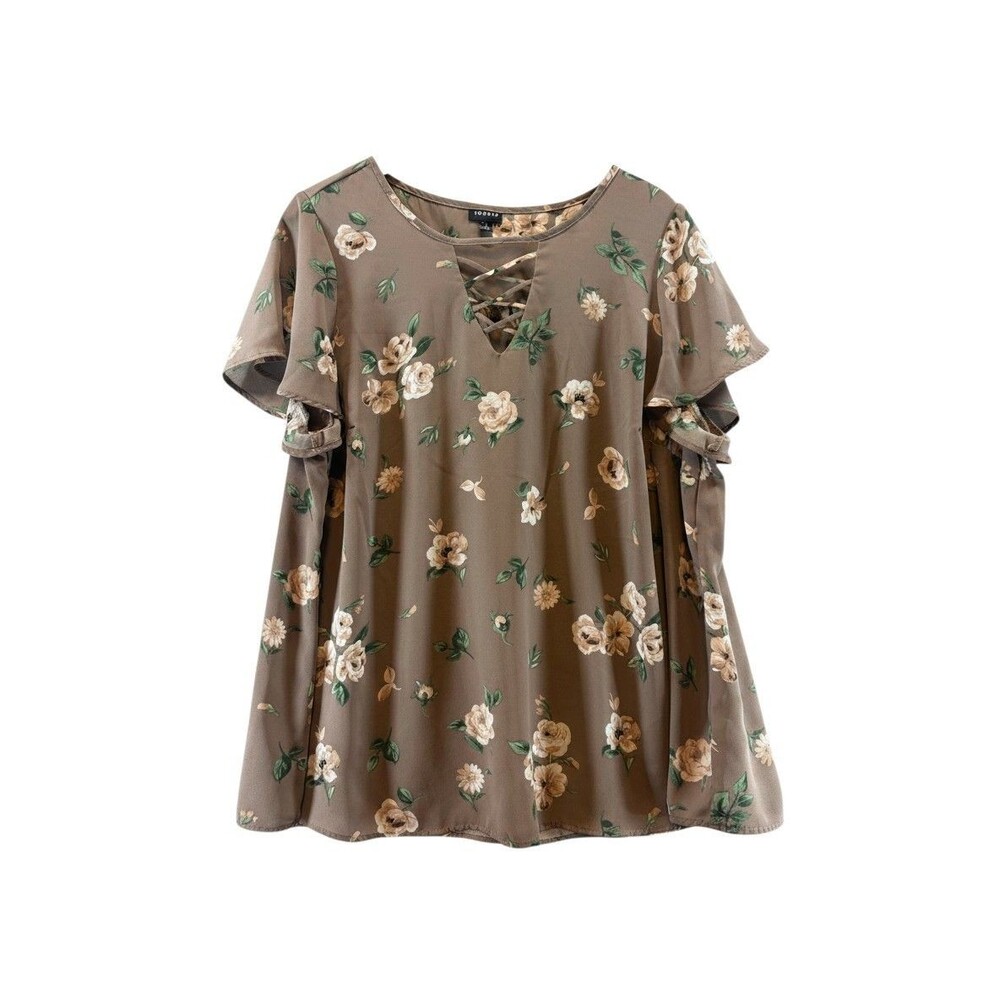 Torrid Blouse Size 1 (or 1XL) Taupe Brown Floral Georgette Lattice V-Neck